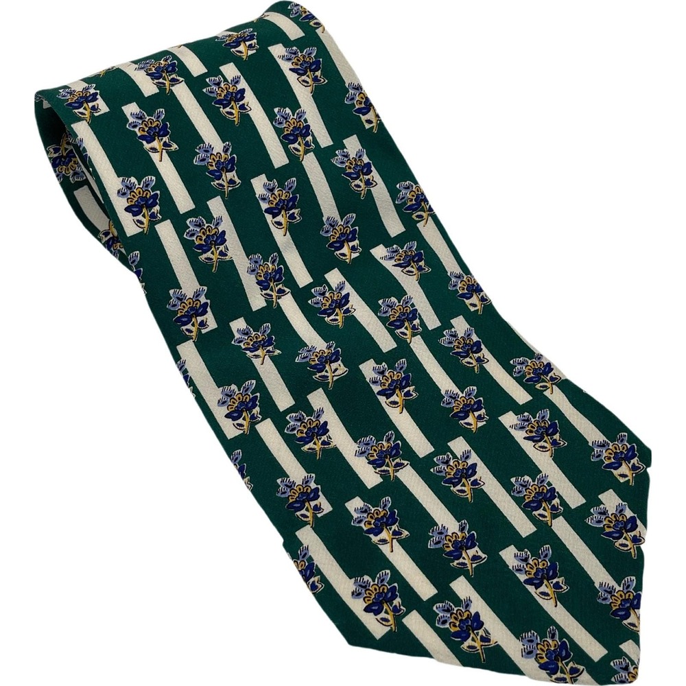 Vintage Nautica Silk Necktie Tie Green Floral Geometric Hand Printed Italy USA